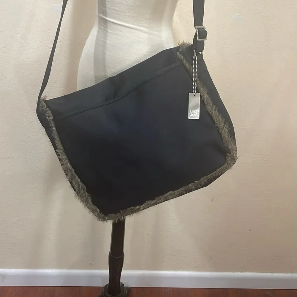 Saks Fifth Avenue Black Nylon Laptop Messenger Bag Faux Fur Trim & Coin Purse